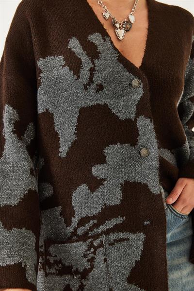 Yaprak Desenli Simli Triko Hırka 241142 60261320 - Kahve