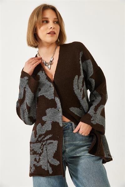 Yaprak Desenli Simli Triko Hırka 241142 60261320 - Kahve