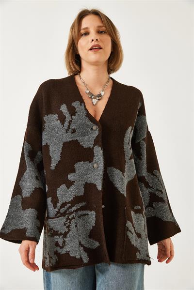 Yaprak Desenli Simli Triko Hırka 241142 60261320 - Kahve