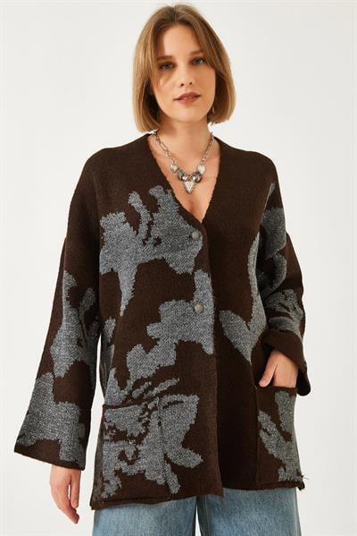 Yaprak Desenli Simli Triko Hırka 241142 60261320 - Kahve