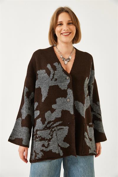 Yaprak Desenli Simli Triko Hırka 241142 60261320 - Kahve