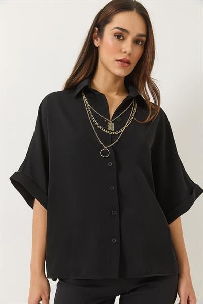 Kadın Yarasa Kesim Kısa Kollu Seyyar Aksesuarlı Oversize Gömlek 4641 60283108 - Siyah