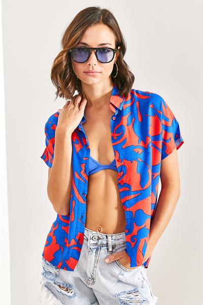 Kadın Yarasa Kol Multi Desenli Viskon Gömlek 40921019 - Lacivert-Fuşya