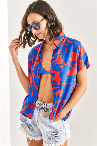 Kadın Yarasa Kol Multi Desenli Viskon Gömlek 40921019 - Lacivert-Fuşya