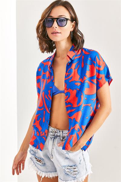 Kadın Yarasa Kol Multi Desenli Viskon Gömlek 40921019 - Lacivert-Fuşya