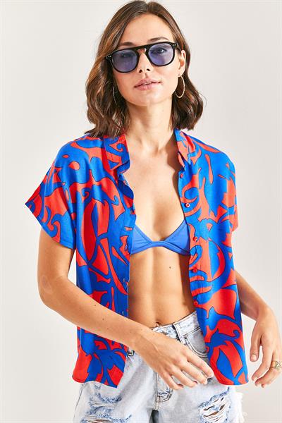 Kadın Yarasa Kol Multi Desenli Viskon Gömlek 40921019 - Lacivert-Fuşya