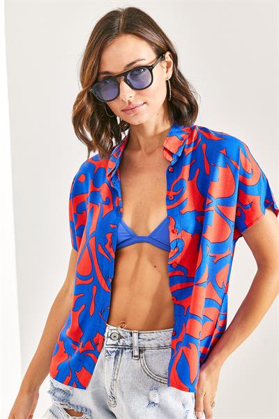 Kadın Yarasa Kol Multi Desenli Viskon Gömlek 40921019 - Lacivert-Fuşya