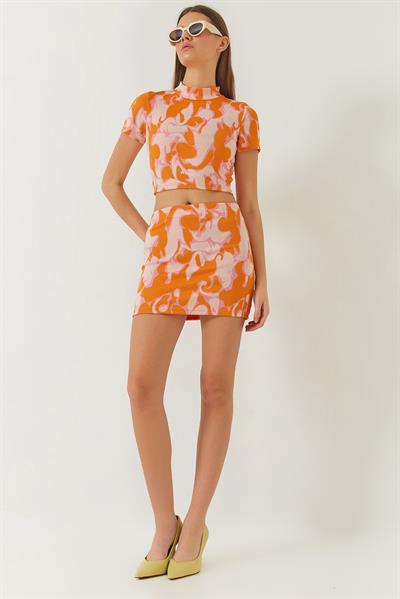 Kadın Yarım Balıkçı Kısa Kollu Crop Mini Etekli Alt-Üst Takım 60261373 - Orange-Pudra