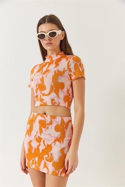 Kadın Yarım Balıkçı Kısa Kollu Crop Mini Etekli Alt-Üst Takım 60261373 - Orange-Pudra