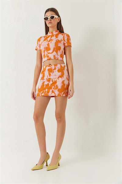 Kadın Yarım Balıkçı Kısa Kollu Crop Mini Etekli Alt-Üst Takım 60261373 - Orange-Pudra