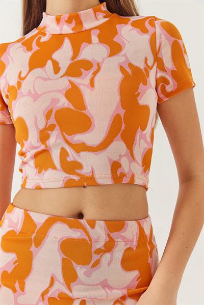 Kadın Yarım Balıkçı Kısa Kollu Crop Mini Etekli Alt-Üst Takım 60261373 - Orange-Pudra