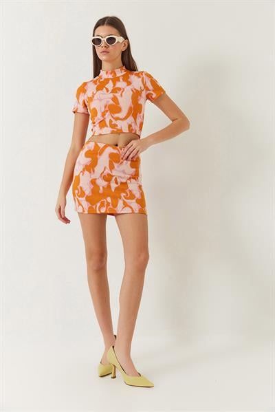 Kadın Yarım Balıkçı Kısa Kollu Crop Mini Etekli Alt-Üst Takım 60261373 - Orange-Pudra
