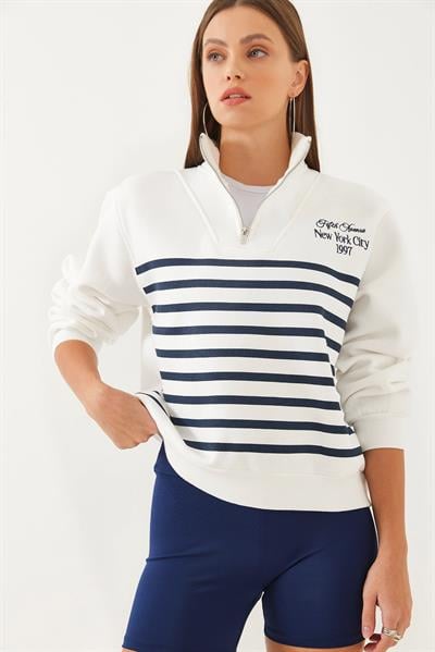 Kadın Yarım Fermuarlı Çizgili Sweatshirt 60351005 - Beyaz