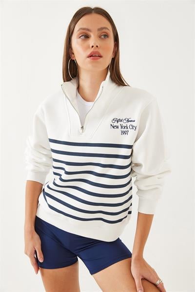 Kadın Yarım Fermuarlı Çizgili Sweatshirt 60351005 - Beyaz