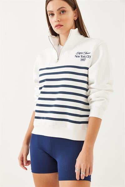 Kadın Yarım Fermuarlı Çizgili Sweatshirt 60351005 - Beyaz