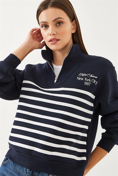 Kadın Yarım Fermuarlı Çizgili Sweatshirt 60351005 - Lacivert
