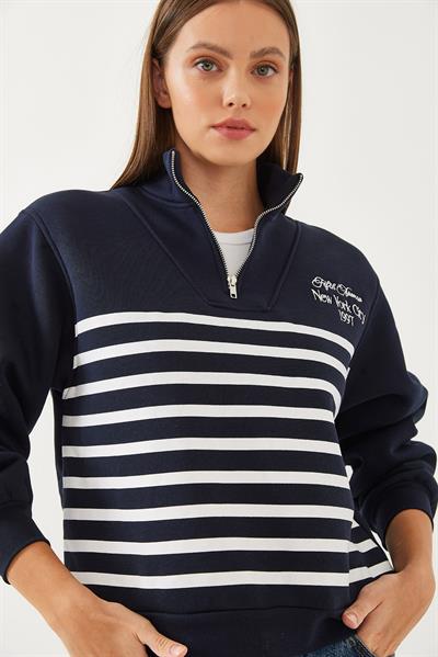 Kadın Yarım Fermuarlı Çizgili Sweatshirt 60351005 - Lacivert
