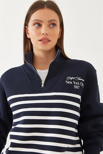 Kadın Yarım Fermuarlı Çizgili Sweatshirt 60351005 - Lacivert