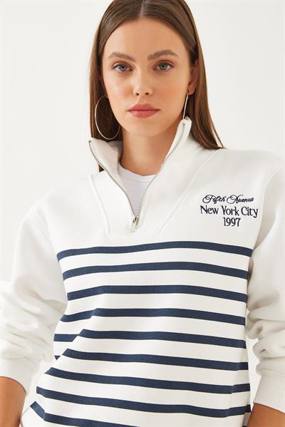 Kadın Yarım Fermuarlı Çizgili Sweatshirt 60351005 - Beyaz