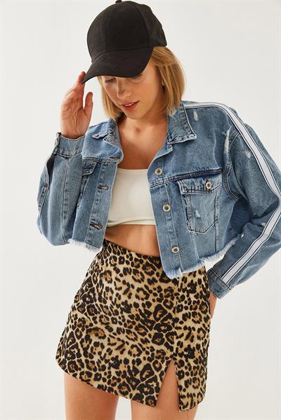 Yırtık Detaylı Crop Denim Ceket 60251948 - Mavi