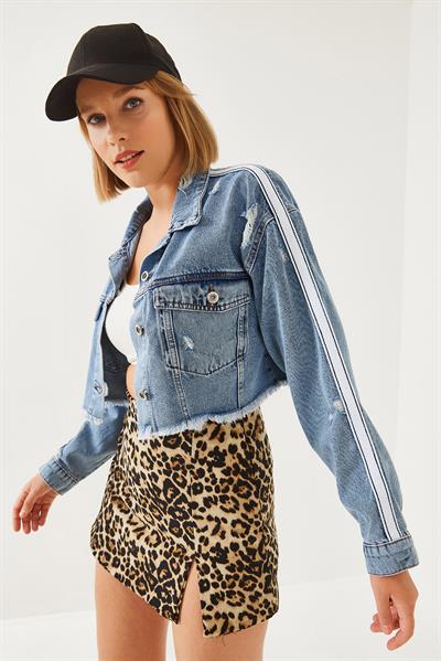 Yırtık Detaylı Crop Denim Ceket 60251948 - Mavi