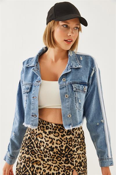 Yırtık Detaylı Crop Denim Ceket 60251948 - Mavi