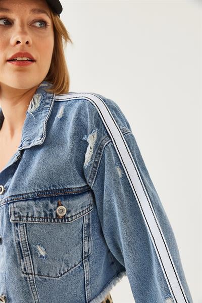 Yırtık Detaylı Crop Denim Ceket 60251948 - Mavi