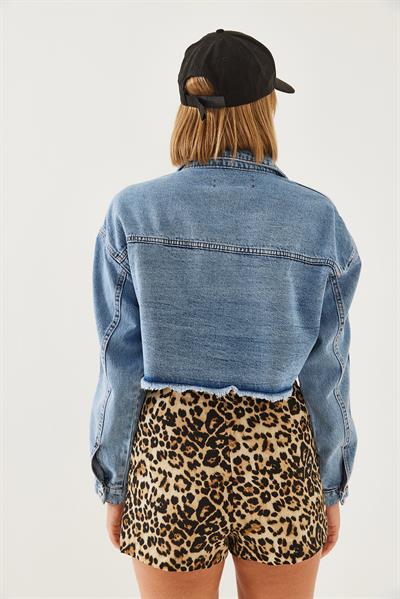 Yırtık Detaylı Crop Denim Ceket 60251948 - Mavi