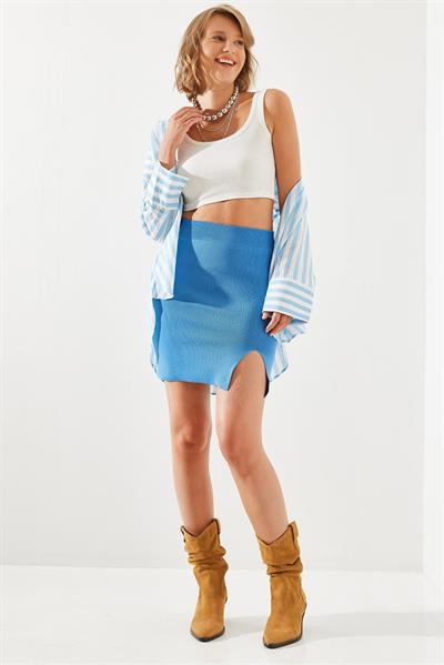 Kadın Yırtmaç Detaylı Basic Etek 20223058 - Mavi