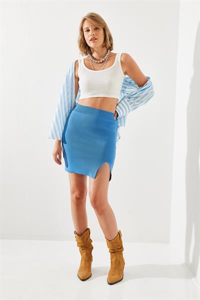 Kadın Yırtmaç Detaylı Basic Etek 20223058 - Mavi