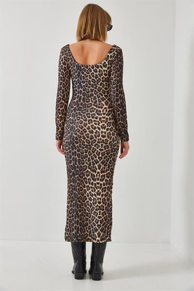 Kadın Yırtmaçlı Leopar Desenli Uzun Elbise 250-1 60261049 - Siyah-Camel