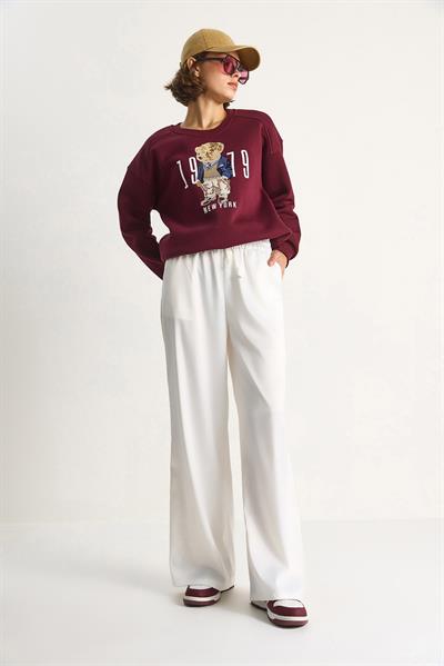 Kadın Yüksek Bel Beli Lastikli Saten Bol Paça Pantolon 4027 60284074 - Beyaz