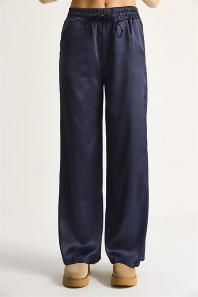 Kadın Yüksek Bel Beli Lastikli Saten Bol Paça Pantolon 4027 60284074 - Lacivert