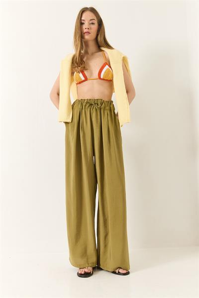 Kadın Yüksek Bel Geniş Lastikli Oversize Palazzo Pantolon 80165 60271071 - Yağ Yeşili
