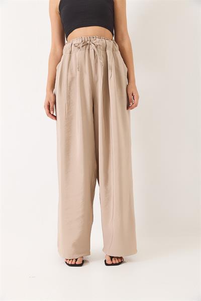 Kadın Yüksek Bel Geniş Lastikli Oversize Palazzo Pantolon 80165 60271071 - Taş