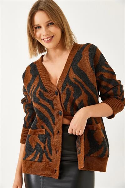 Zebra Desenli Triko Hırka 241119 60261228 - Taba