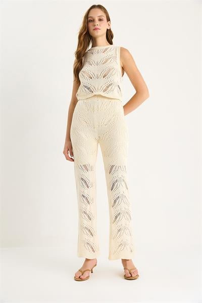 Kadın Zigzag Desenli Crop Bluz Yüksel Bel Bol Pantolon Alt-Üst Takım 20258011 - Ekru