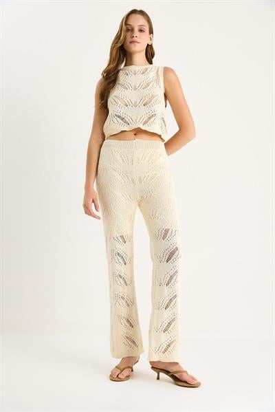 Kadın Zigzag Desenli Crop Bluz Yüksel Bel Bol Pantolon Alt-Üst Takım 20258011 - Ekru