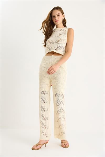 Kadın Zigzag Desenli Crop Bluz Yüksel Bel Bol Pantolon Alt-Üst Takım 20258011 - Ekru