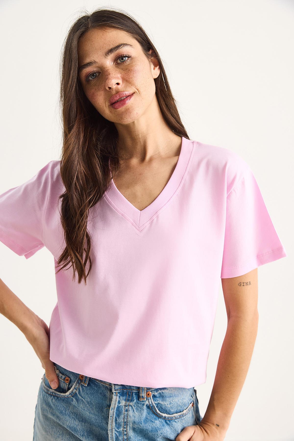 Kadın %100 Organik Pamuk Derin V Yakalı Comfort Fit T-Shirt 60602066 - Şeker Pembe · 3