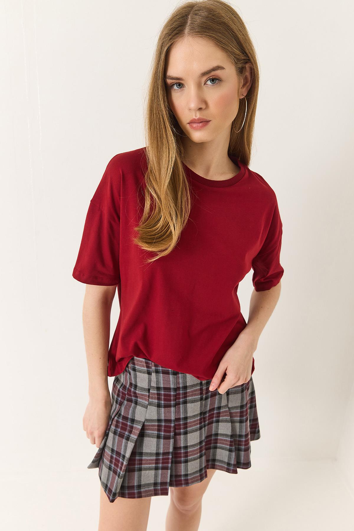 Kadın %100 Organik Pamuk Relaxed Fit Yuvarlak Yakalı T-Shirt 60602050 - Bordo · 3
