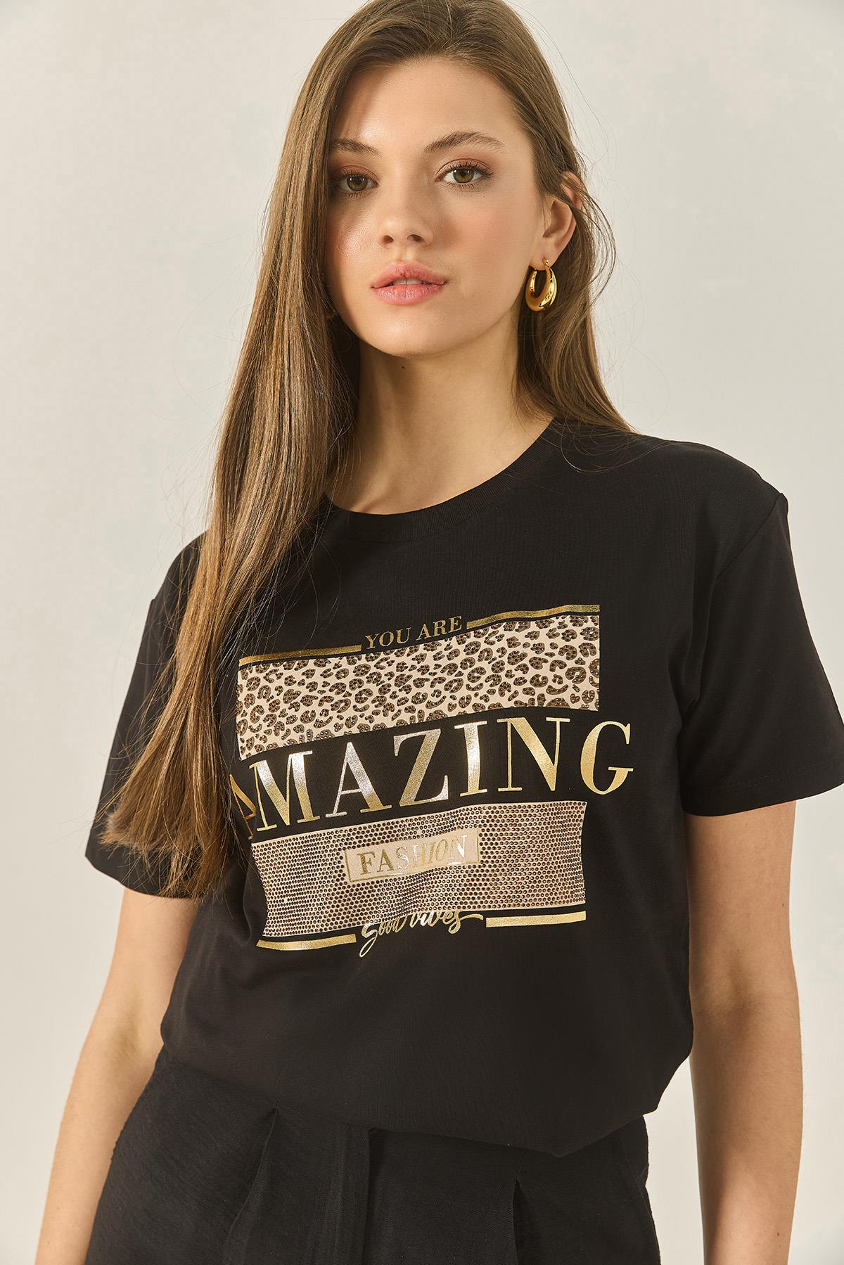 Kadın Baskılı Taş Detaylı Normal Kalıp Pamuklu T-Shirt 8136 60283302 - Siyah · 4