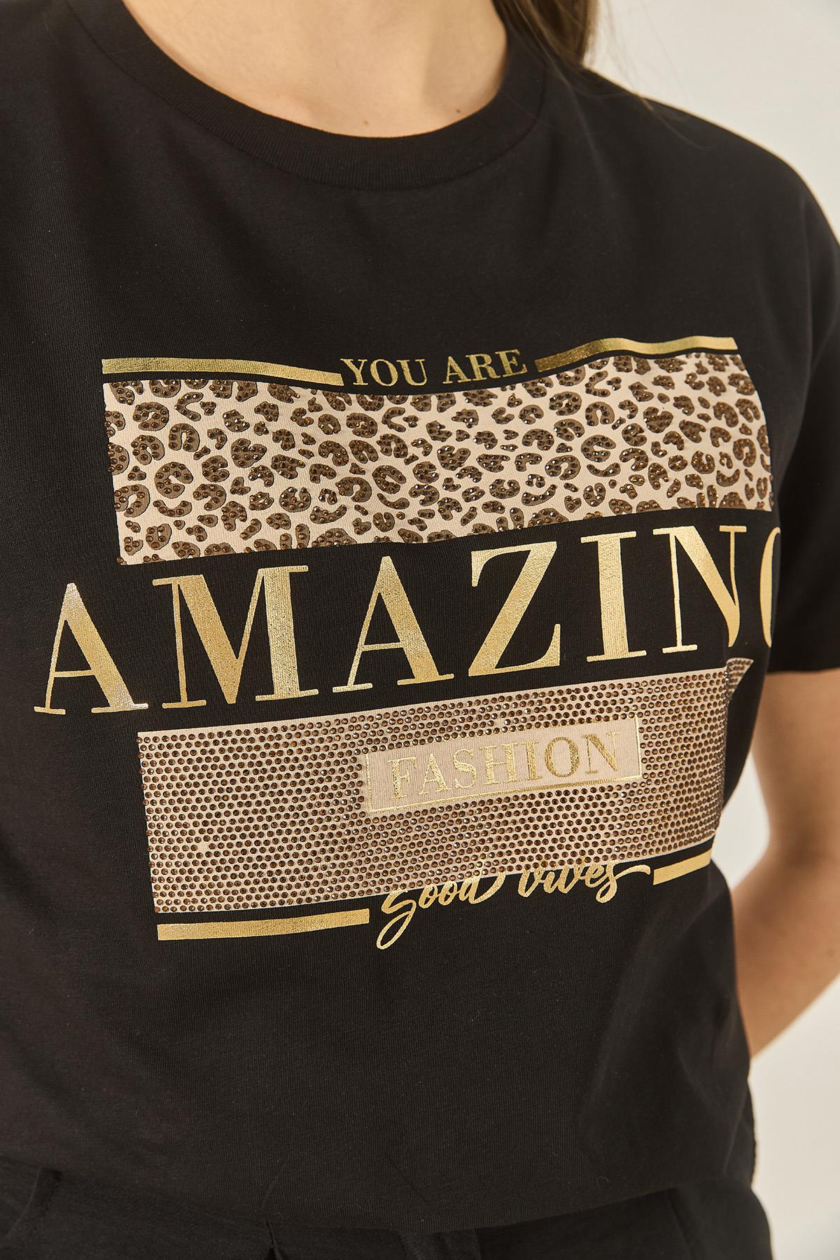Kadın Baskılı Taş Detaylı Normal Kalıp Pamuklu T-Shirt 8136 60283302 - Siyah · 5