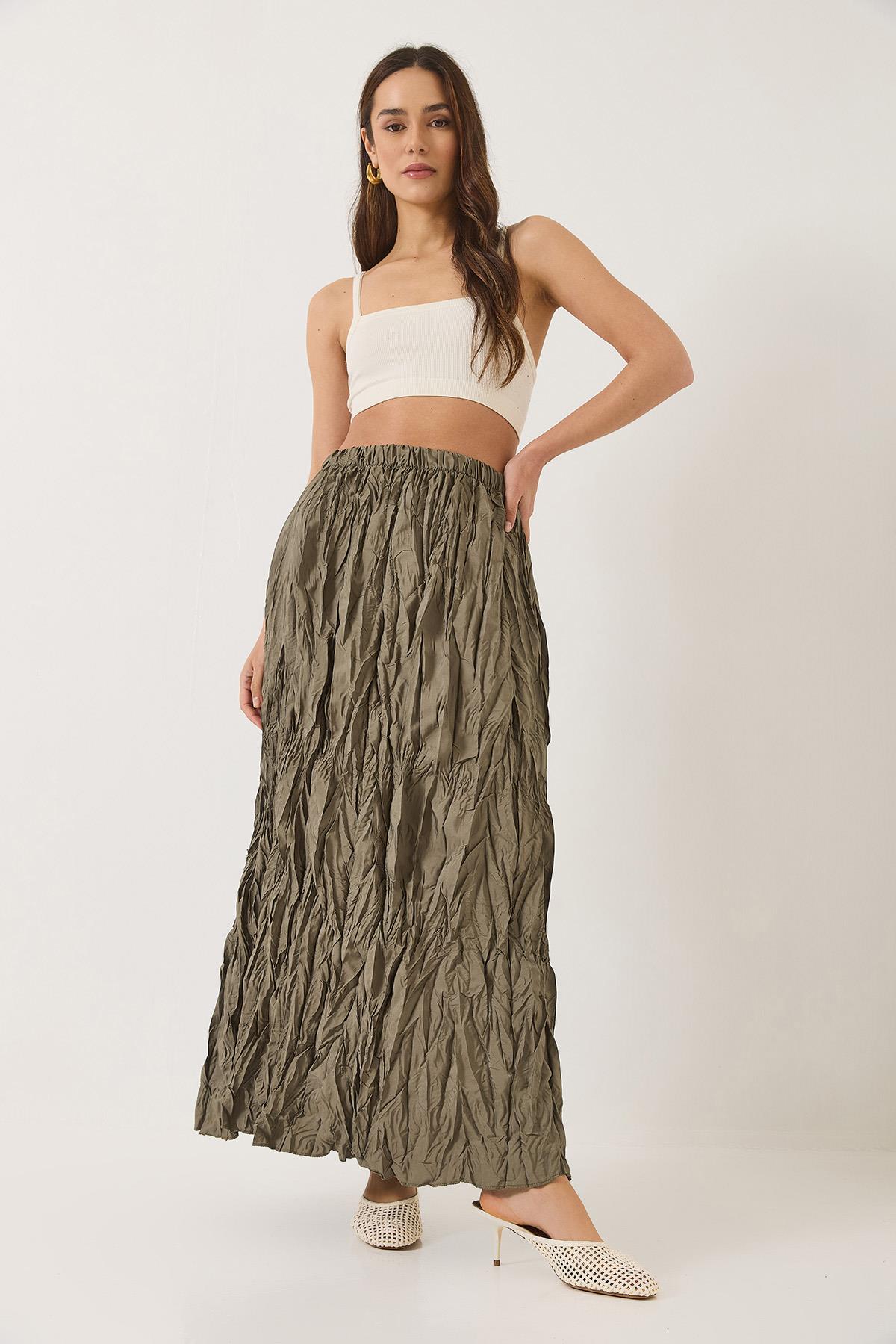Kadın Beli Lastikli Crush Efektli Uzun Etek 60283112 - Haki · 3