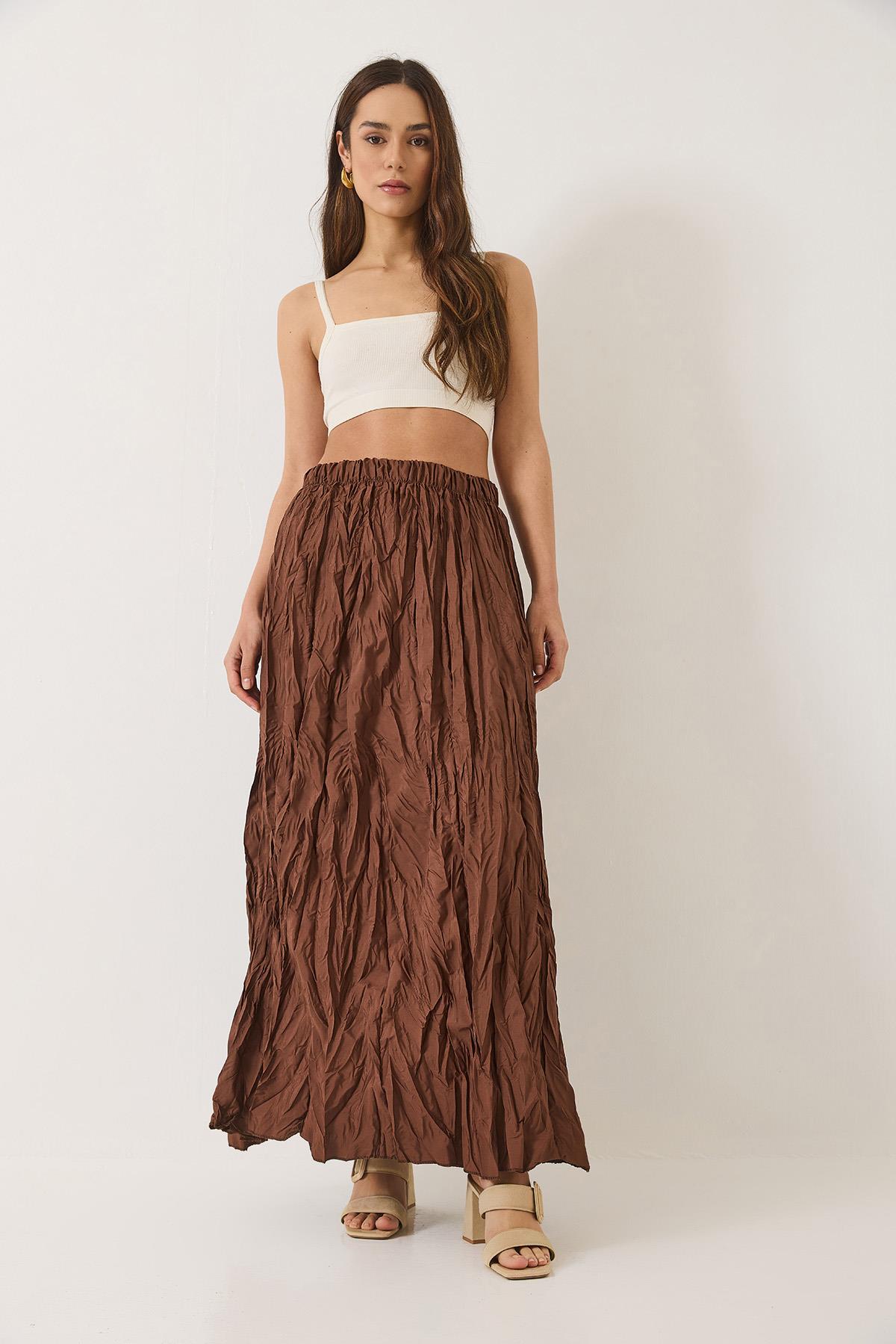 Kadın Beli Lastikli Crush Efektli Uzun Etek 60283112 - Acı Kahve · 2