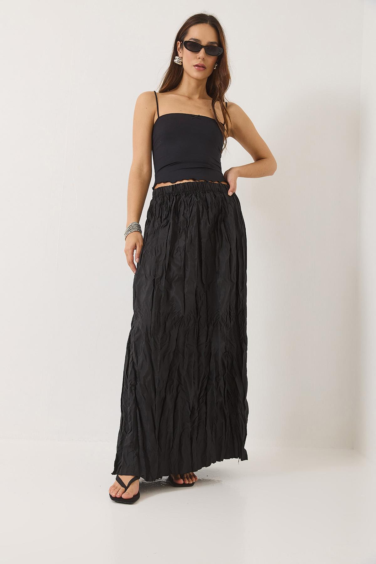 Kadın Beli Lastikli Crush Efektli Uzun Etek 60283112 - Siyah · 2