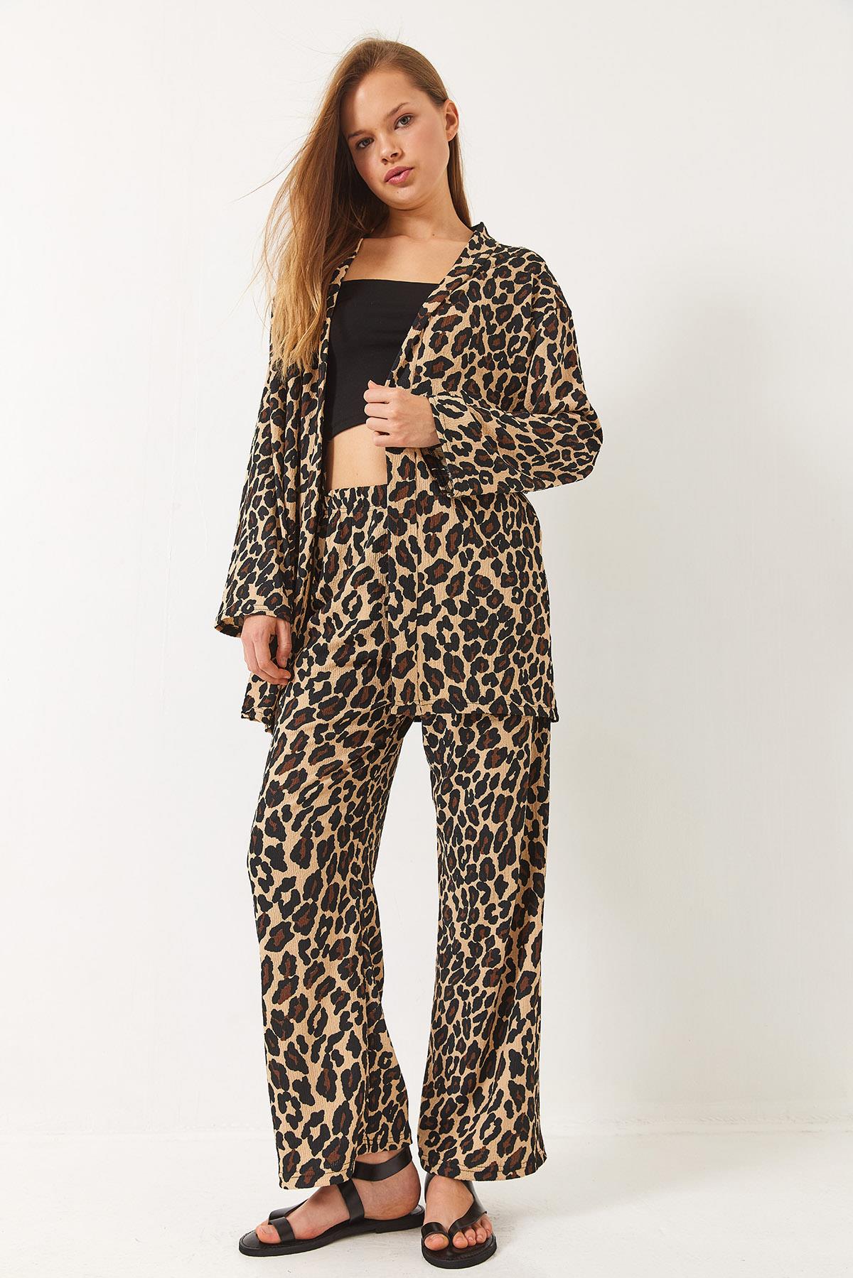 Kadın Beli Lastikli Leopar Desenli Bürümcük Kimono Alt-Üst Takım 0245 60284023 - Bej-Siyah · 4