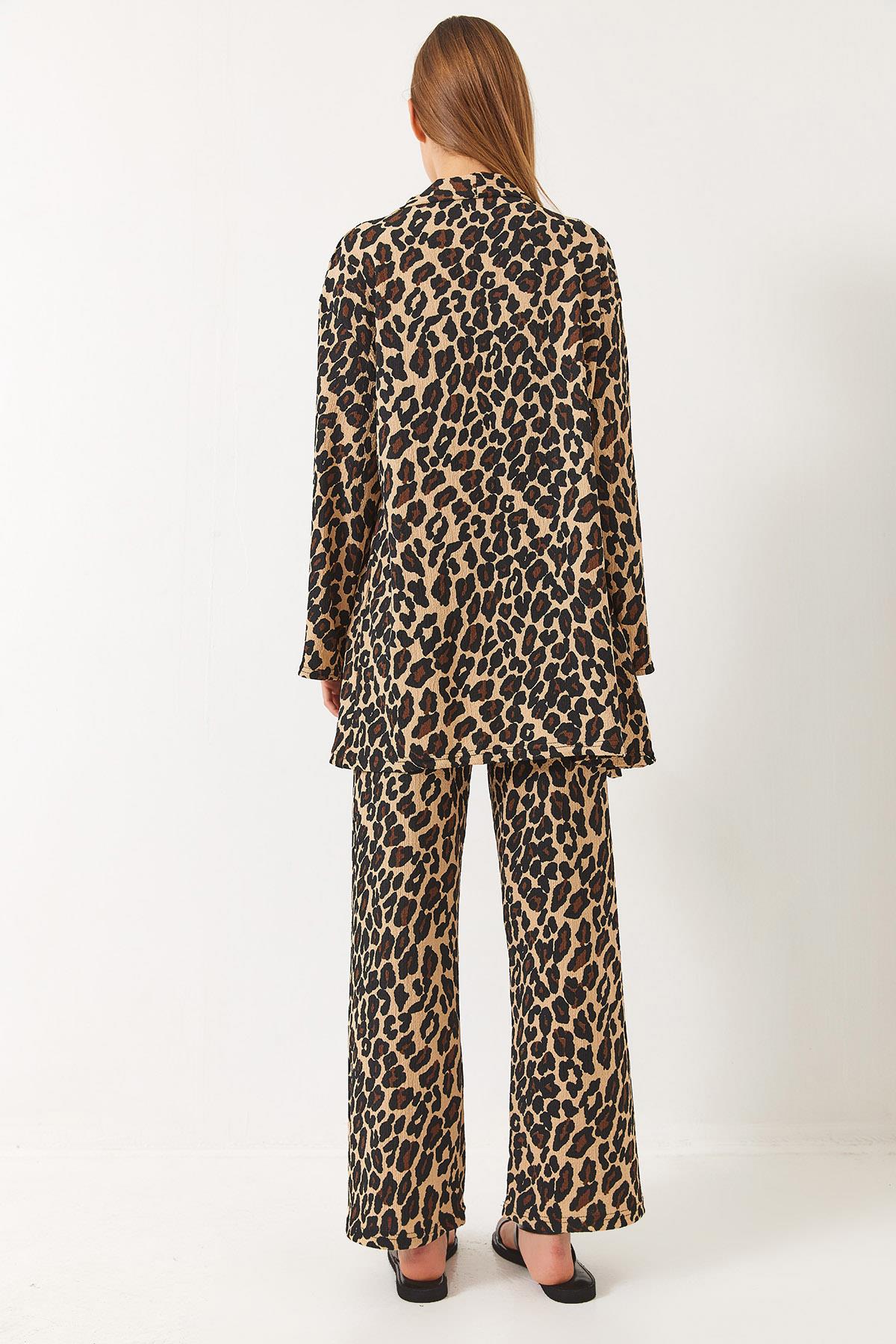 Kadın Beli Lastikli Leopar Desenli Bürümcük Kimono Alt-Üst Takım 0245 60284023 - Bej-Siyah · 7