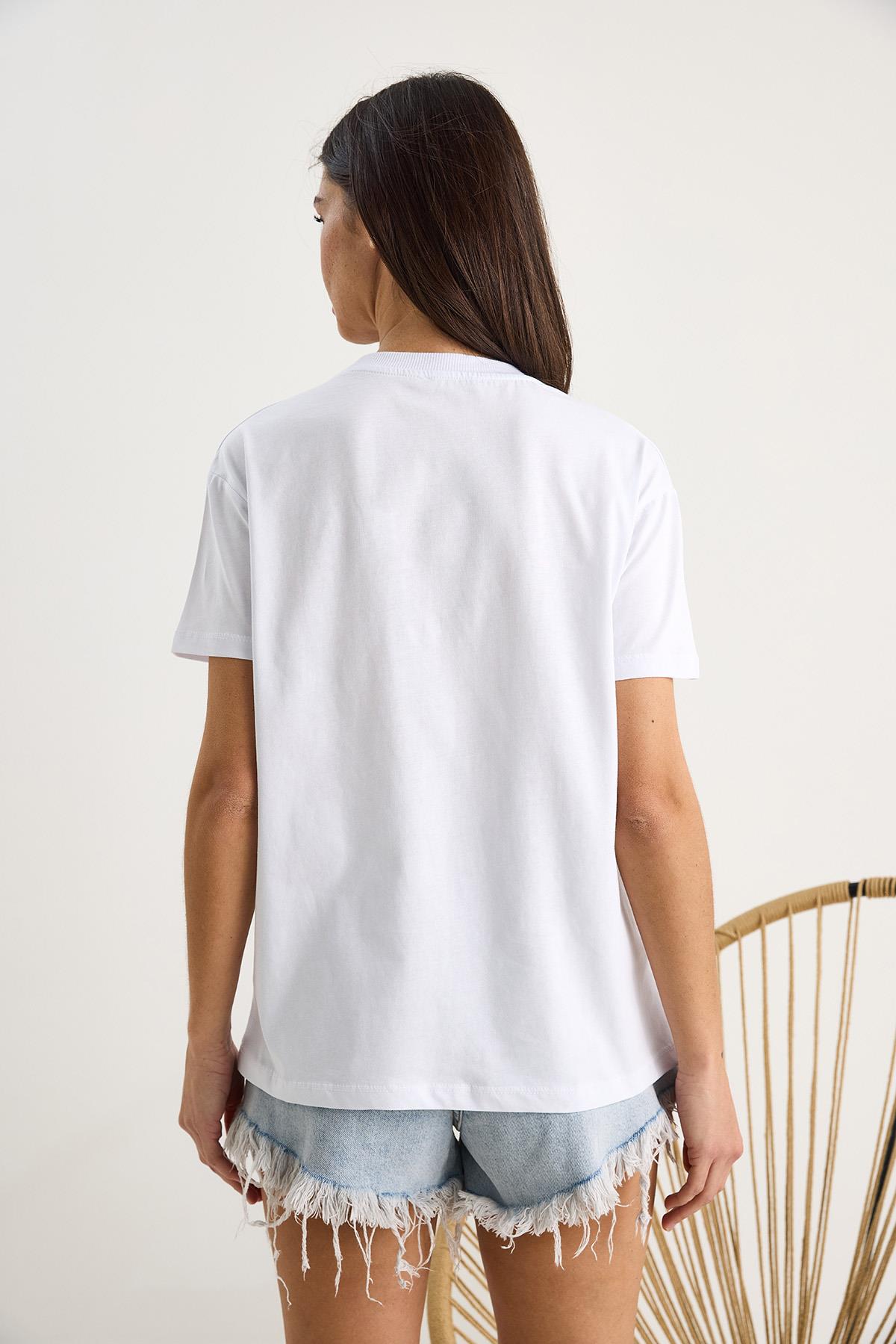 Bisiklet Yaka Çiçek Aksesuarlı Kısa Kollu T-Shirt 60602060 - Beyaz · 6