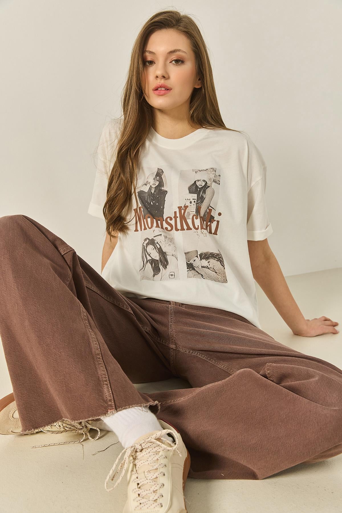 Kadın Bisiklet Yaka Kısa Kollu Doğal Baskılı Pamuklu Basic T-Shirt ÖT251042 60283311 - Bej · 2